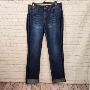Suzanne Betro Women's Dark wash Black Velvet Trim Raw Step Hem Jeans 10